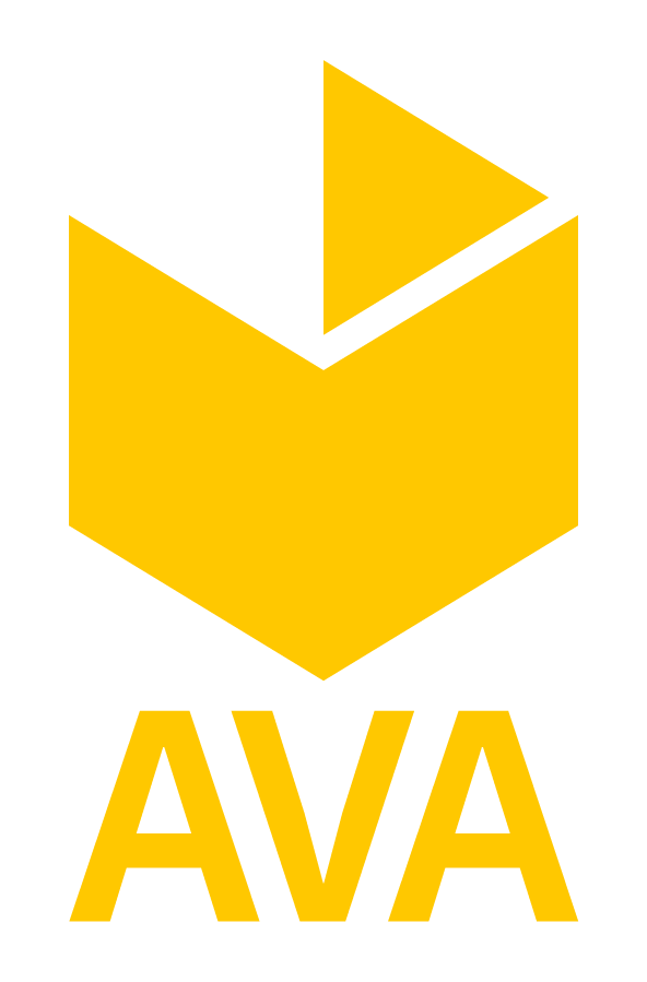 Logo des Streamingdienstes AVA in Gelb mit dem Schriftzug AVA in großen Lettern.