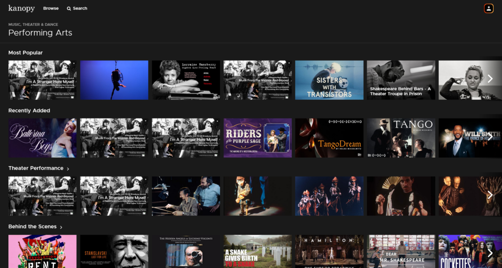 Hier wird ein Screenshot der digitalen Plattform von Kanopy gezeigt, auf dem diverse Filme in Kategorien eingeordnet sind. Die Kategorien gehören zur Kollektion Performing Arts.