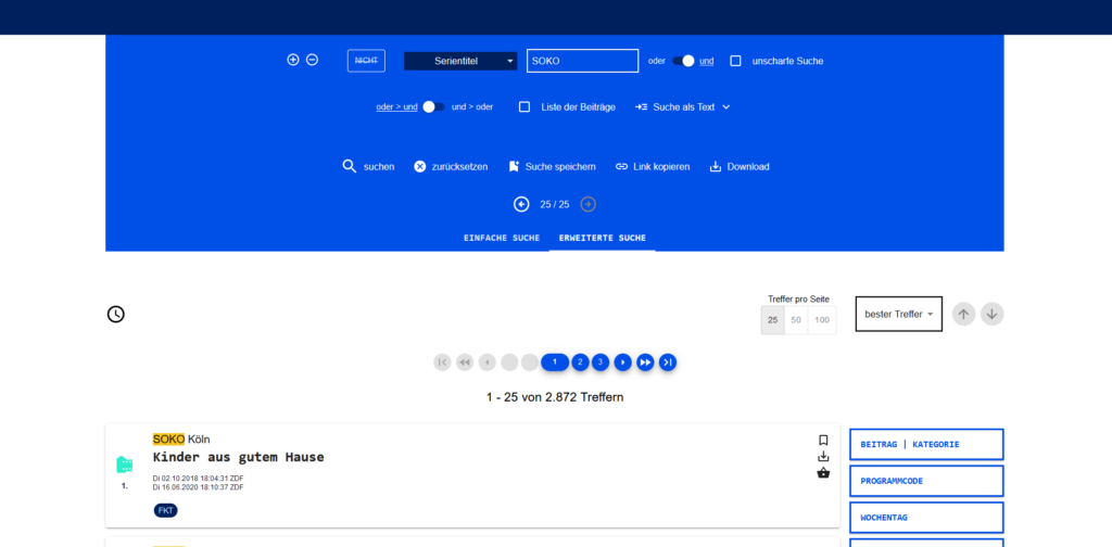 Screenshot einer Suchanfrage auf der Plattform, weißer Text vor blauem Hintergund. Zu sehen ist die Stichwortsuche nach "SOKO" und verschiedene Auswahlkriterien, um die Suche zu verfeinern. Als erstes Ergebnis ist zu sehen "SOKO Köln: Kinder aus gutem Hause".