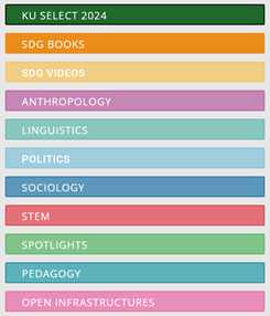 Übersicht der elf KU-Pakete: KU Select 2014, SDG Books, SDG Videos, Anthropology, Linguistiks, Politics, Sociology, STEM, Spotlights, Pedagogy, Open Infrastructures
