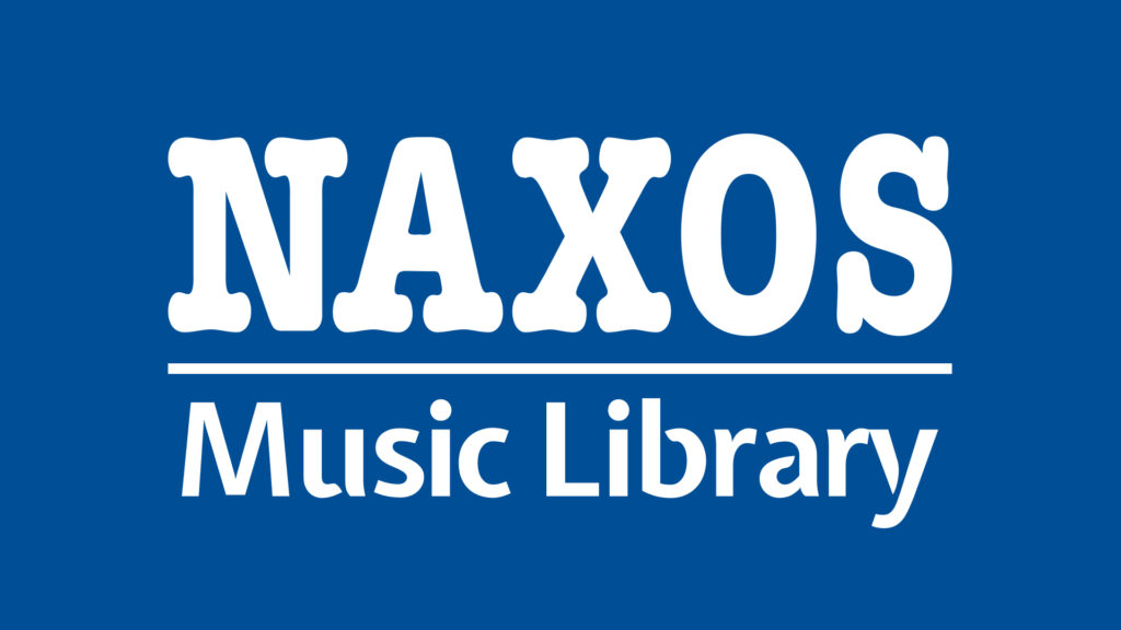 Das Logo der Naxos Music Library. Weiße Schrift auf blauem Hintergrund.