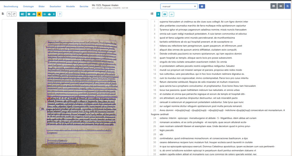 Arbeitsoberfläche des HTR-Programms eScriptorium