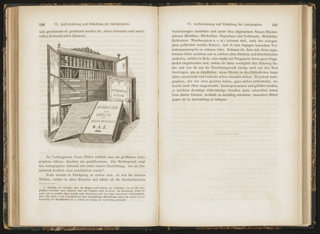 Digitalisat einer Buchdoppelseite. Zu sehen ist eine Abbildung von Sammlungsschrank und Sammelkartons aus dem Handbuch für Autographensammler.