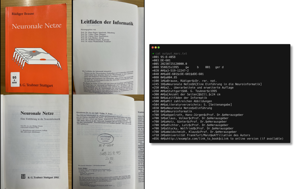 Multimodale Modelle können mehr als Text verarbeiten, z. B. Bilder in bibliographische Metadaten umwandeln, soweit die relevanten Informationen im Bild vorhanden sind (einen Identifier konfabuliert das Modell der Form halber hinzu). Im Beispiel vier Fotos einer Publikation aus dem Offenen Magazin, konvertiert zu textuellem MARC mit dem Modell Qwen 2.5VL 72B Instruct von Alibaba (Aliyun), gehostet im Rechenzentrum des GWDG in Göttingen.
