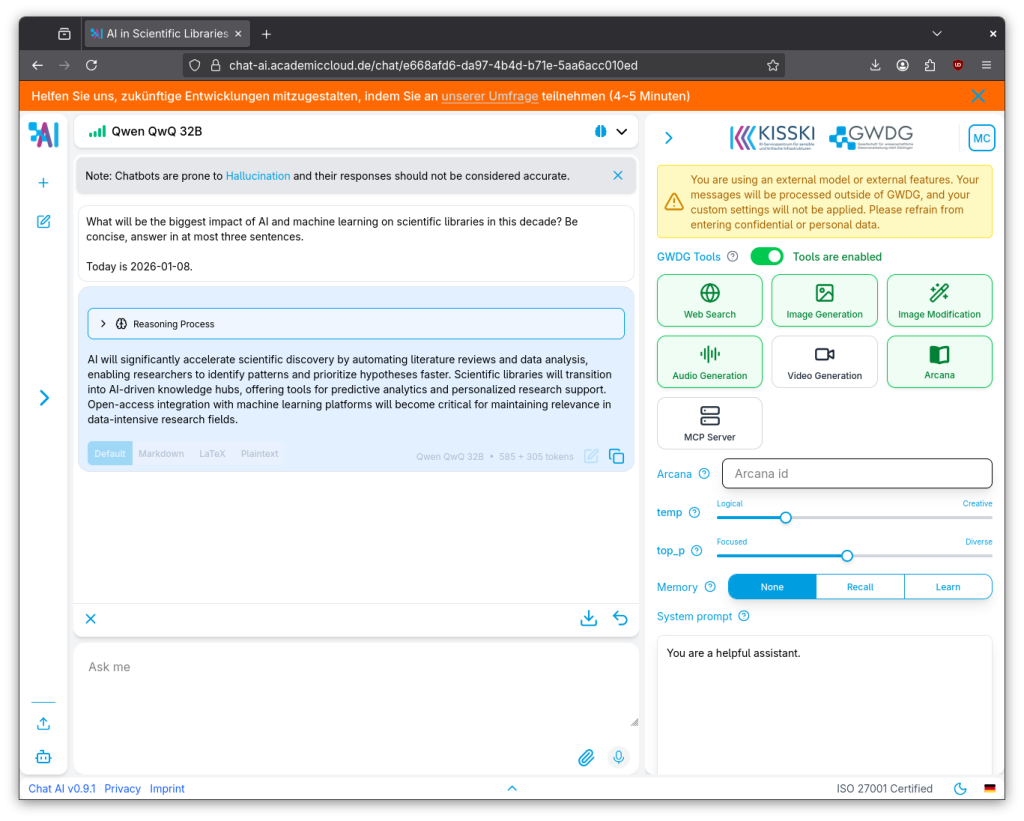 Mit den KI-Tools der Academic Cloud stehen der deutschen Wissenschaftscommunity leistungsfähige, open-weights Modelle zur Verfügung. Im Bild Qwen QwQ-32B, ein sogenanntes Reasoning-Modell, herausgegeben vom chinesischen Alibaba (Aliyun). Die Modelle werden vom GWDG in einem Rechenzentrum in Göttingen gehostet.