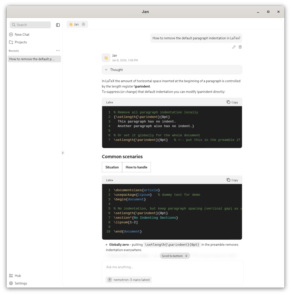 Große Sprachmodelle lassen sich lokal auf dem eigenen Computer betreiben. Der Screenshot zeigt beispielhaft die Open Source Desktop Applikation Jan.AI in Verbindung von dem open-weights LLM “nemotron-3-nano” von NVIDIA, gerade ein Prompt zum Textsatzsystem LaTeX vervollständigend (als Hardware diente hier ein 2025 erschienener Mini-PC).
