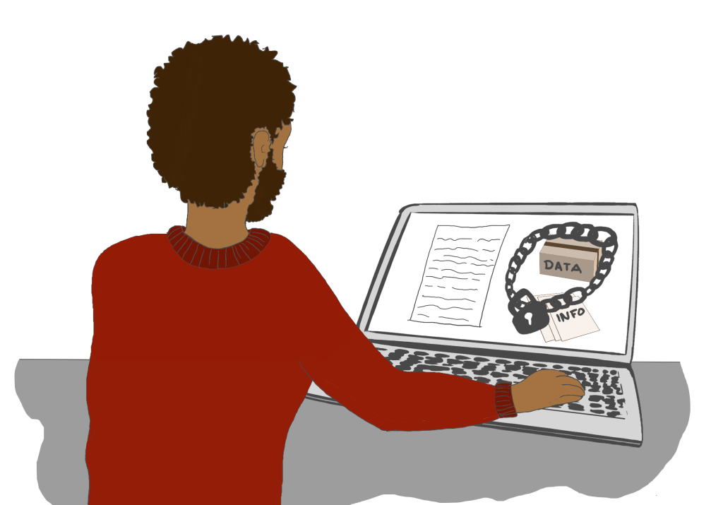 Zeichnung: Mann sitzt vorm Computerbildschirm, auf dem ein Text zu sehen ist und ein Schloss, das die "Daten" sichert.