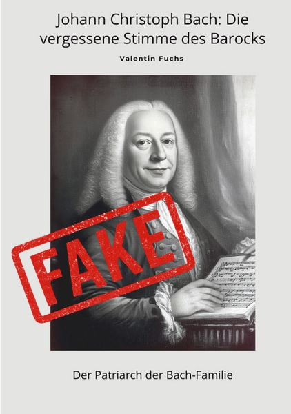 KI-generiertes Cover eines Fake-Buches über Johann Christoph Bach – mit sechs Fingern an der rechten Hand.