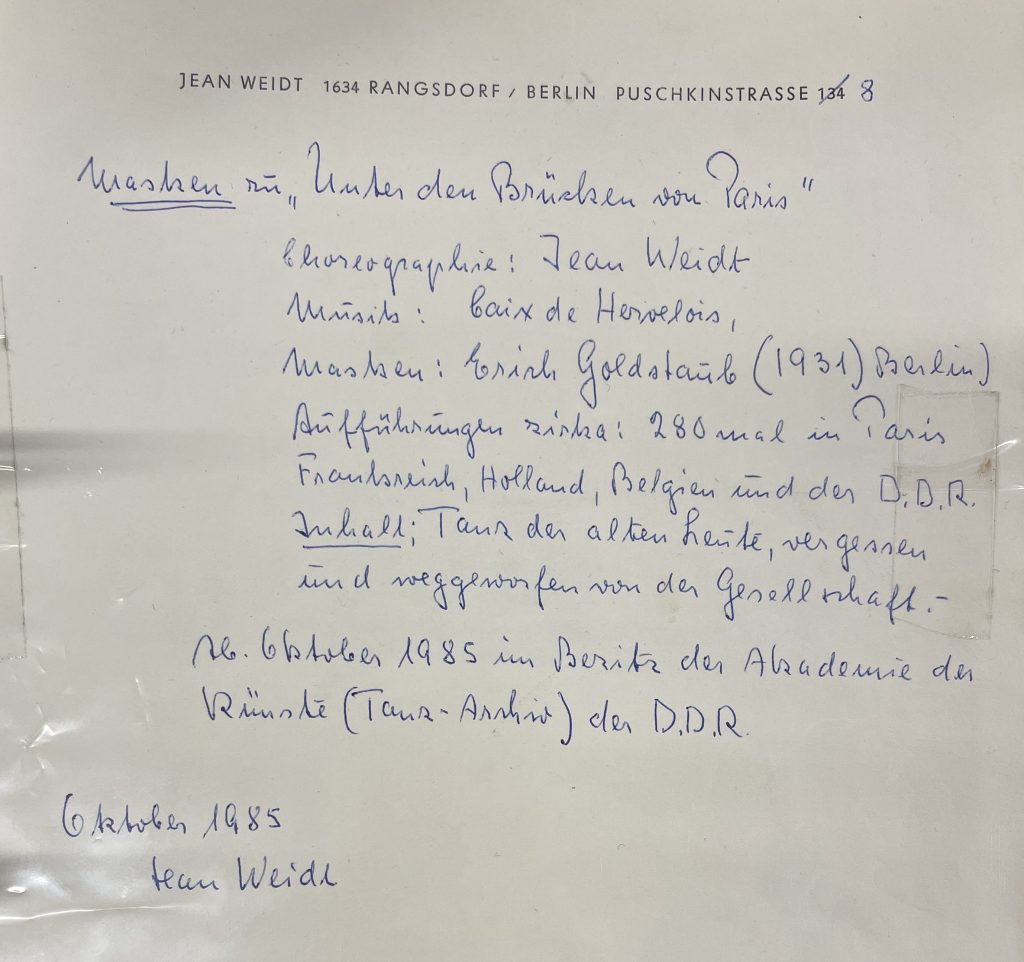 Handschriftliches Dokument von Jean Weidt zur Übergabe der Masken, 1985