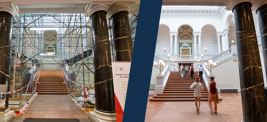 Das Foyer der Bibliotheca Albertina während und nach den Brandschutzarbeiten.